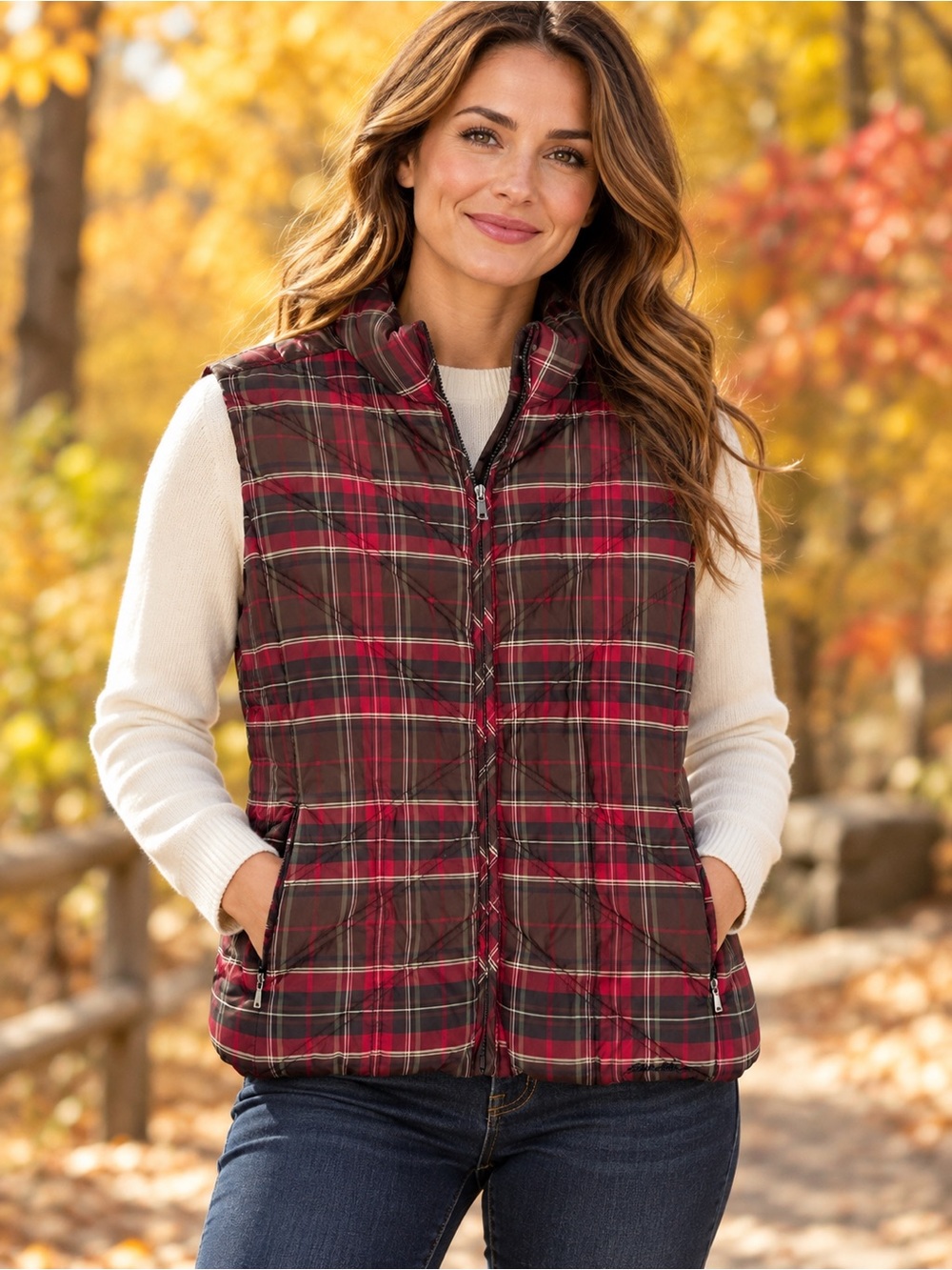 XL - Eddie Bauer Plaid Puffer Vest Red Brown & Black  down filled - fall fashion